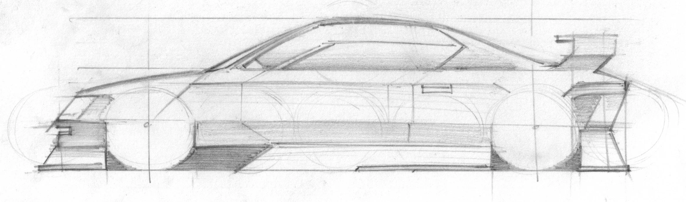 Hand-drawn sketch of a car in profile, showing the side view with detailed wheels, body, and design lines.