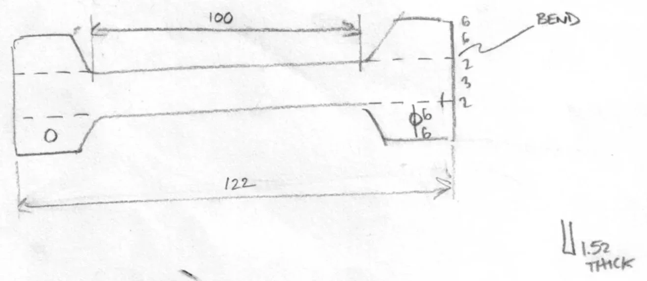 Hand-drawn technical sketch of a flat, elongated part with dimensions, annotations, and measurements, including a bend and hole specifications.