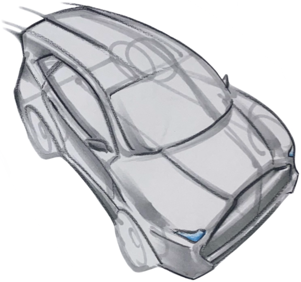 A grayscale digital illustration of a silver sports car viewed from an elevated angle.