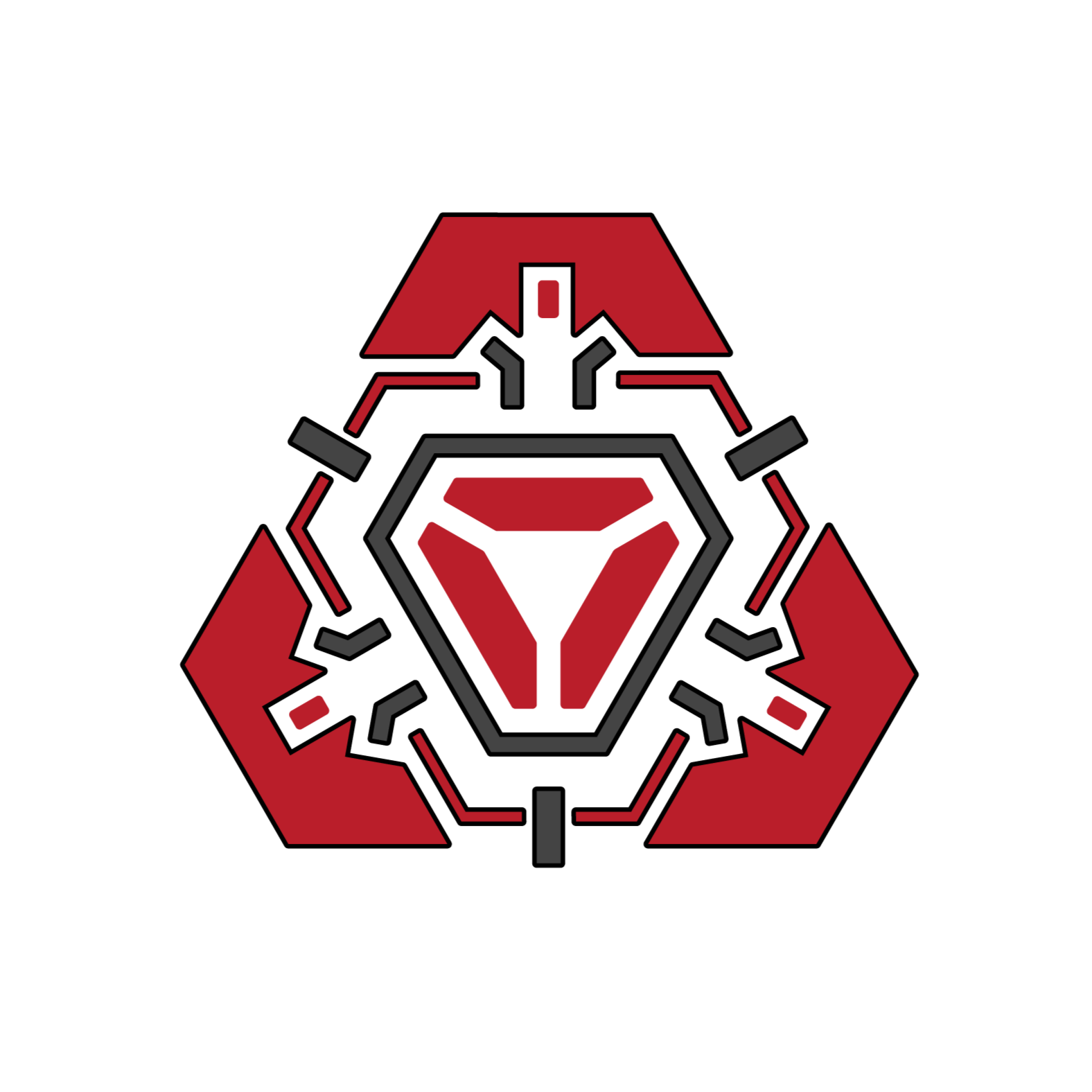 A stylized robot or machinery logo with red, black, and gray geometric shapes on a black background.