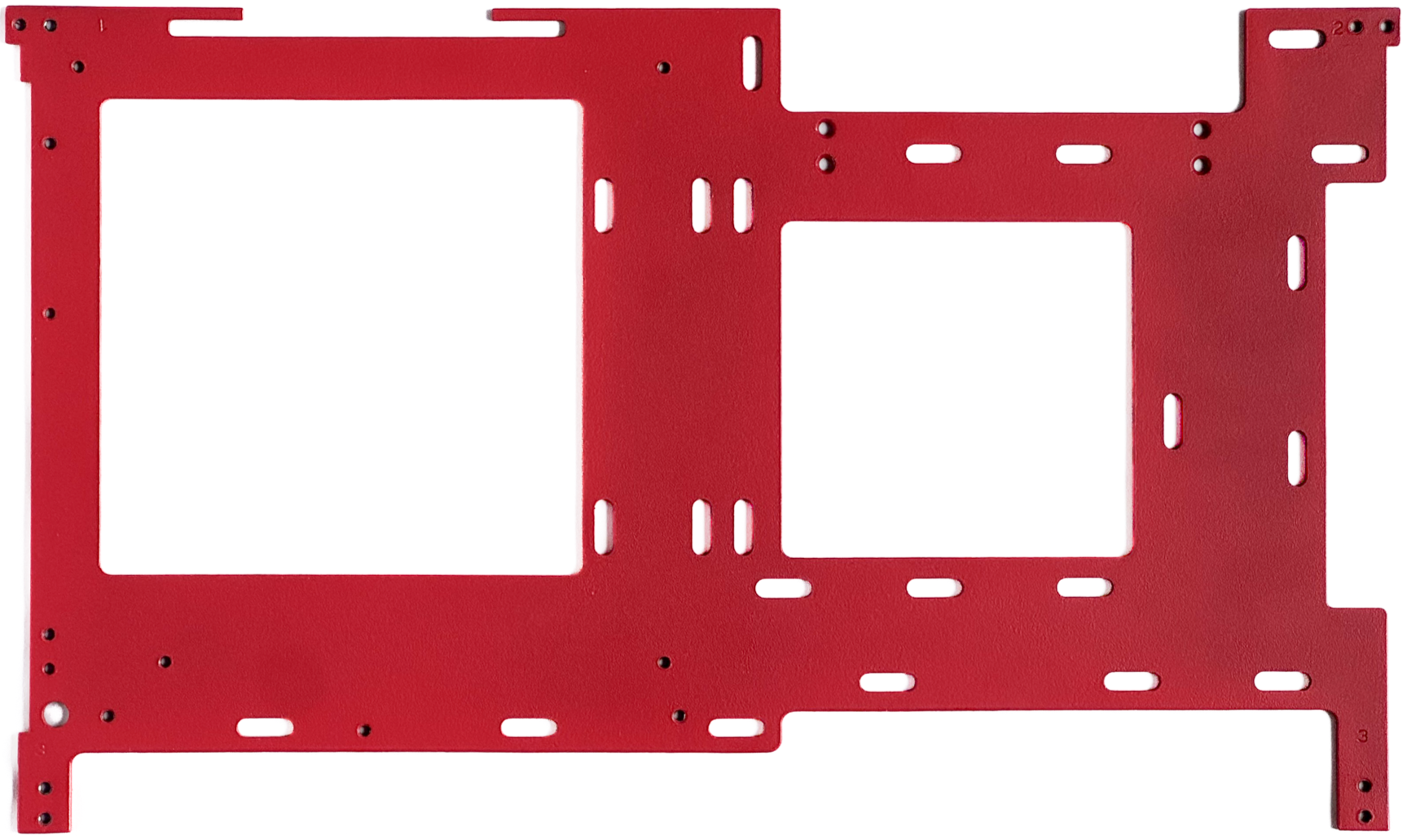 Red metal frame with multiple cutouts and mounting holes, likely a computer or electronic device chassis component.