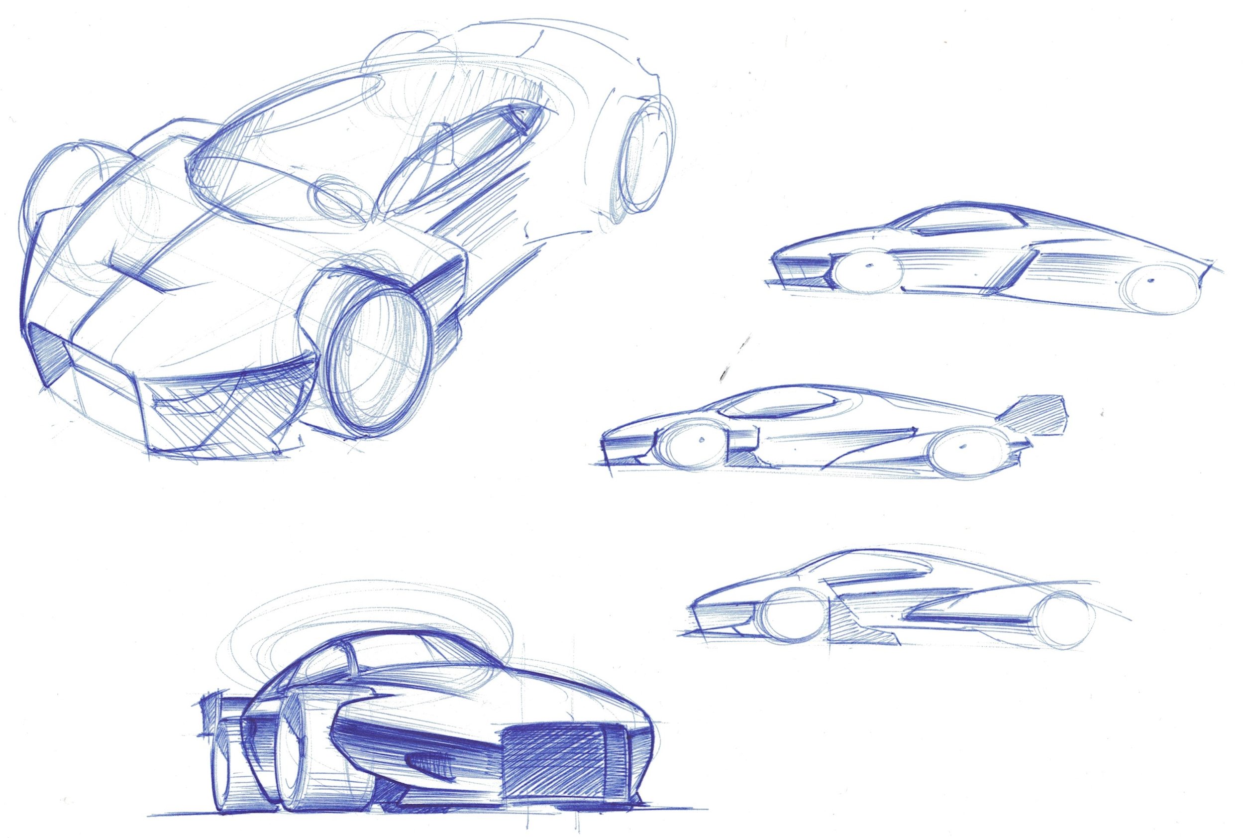 Multiple sketches of a futuristic race car, showing different angles and design details, drawn in blue pen.