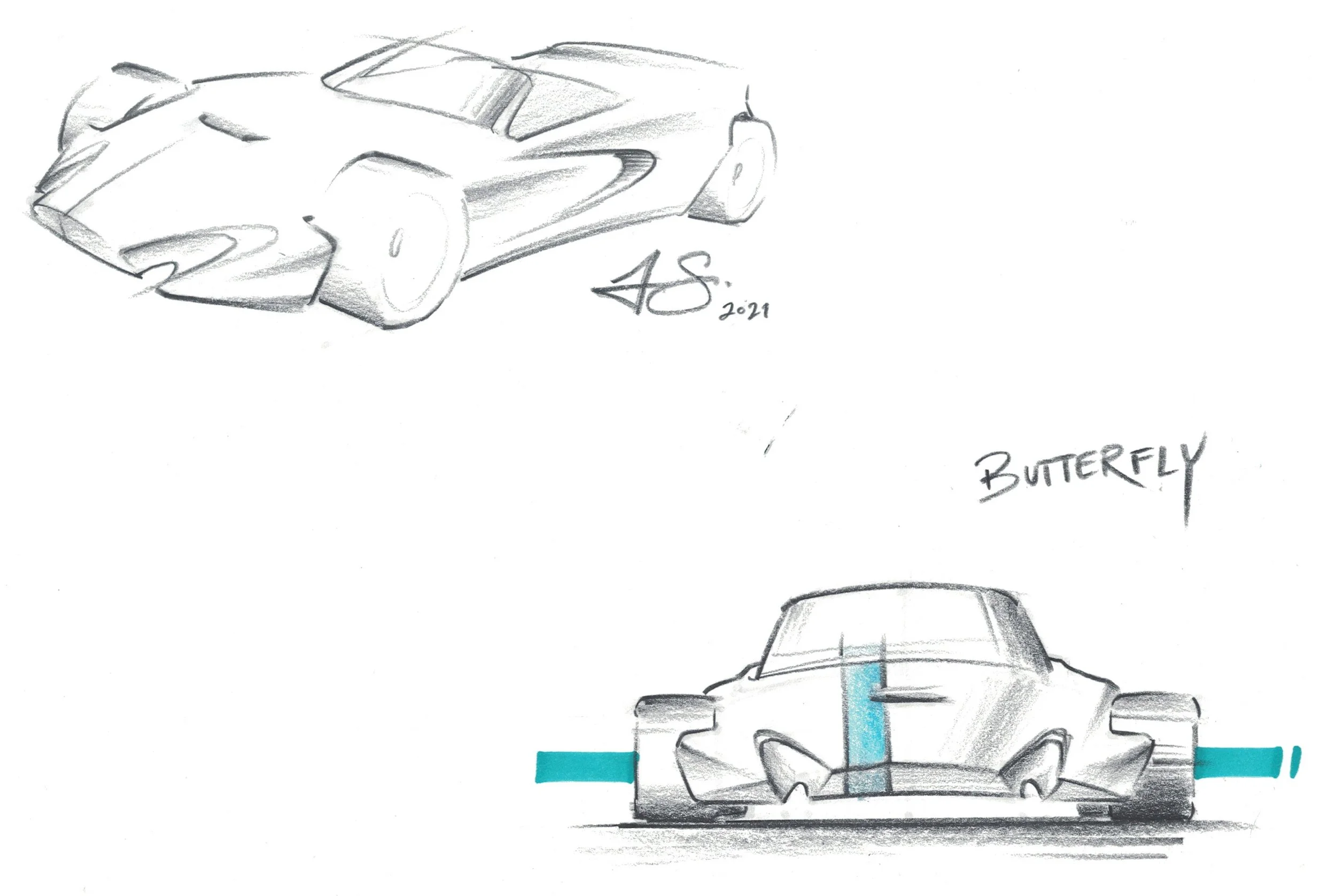 Sketches of a race car: one top view with details and a signature, and one front view labeled 'Butterfly' with blue highlights