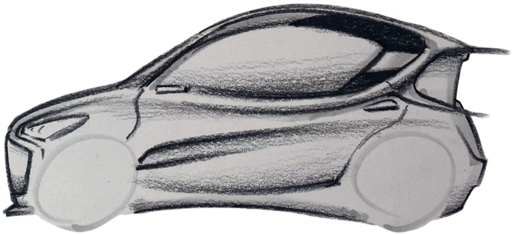 A black and white sketch of a modern sports car with sleek design, aerodynamic curves, and a prominent spoiler.