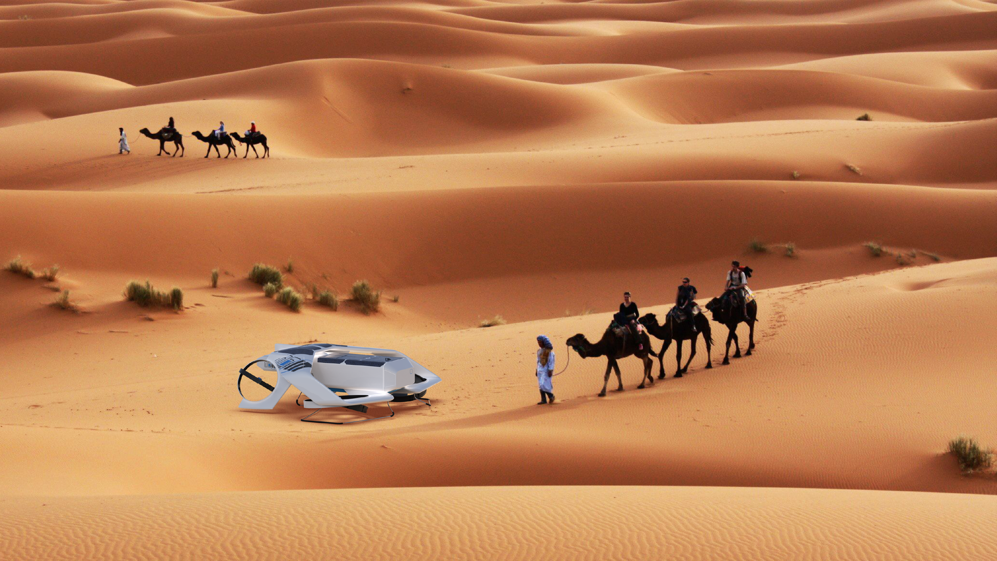 Desert landscape with sand dunes; a group of people riding camels and a futuristic vehicle on the sand.
