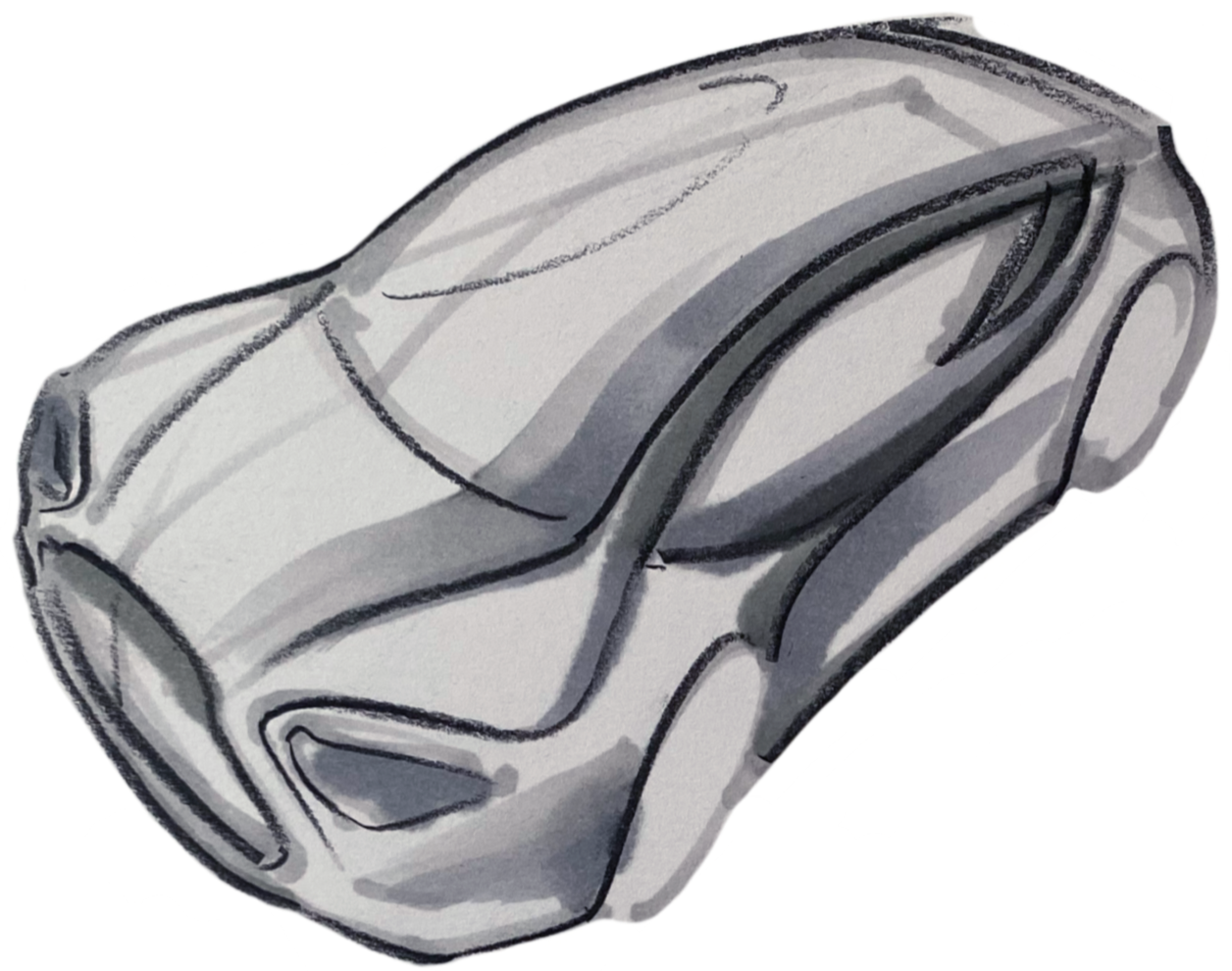 A sketch of a modern sports car in shades of gray and black.