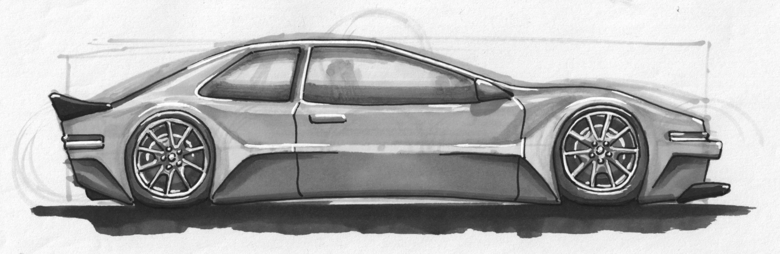 Black and white sketch of a sleek sports car with low profile and detailed wheels.