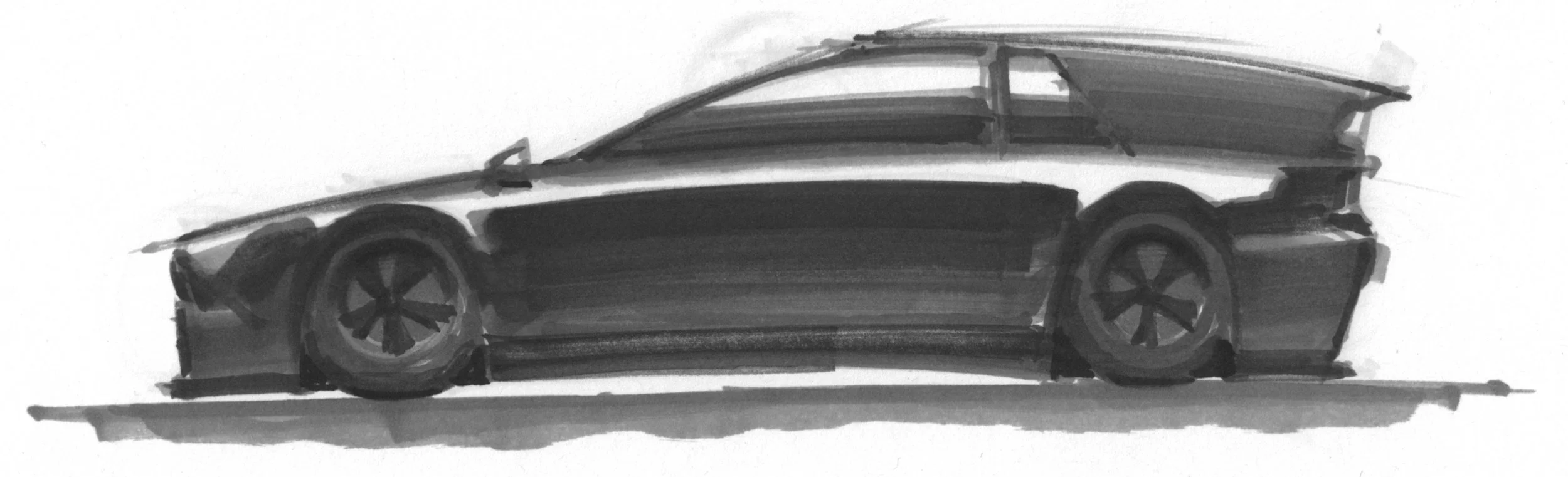 Black and white sketch of a sports car with sharp lines and large wheels viewed in profile.