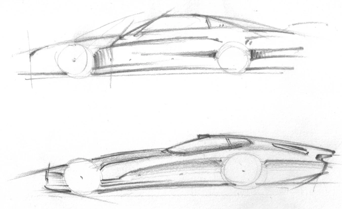 Two hand-drawn concept sketches of a sleek, modern sports car viewed from the side and above, with emphasis on aerodynamics and futuristic design.