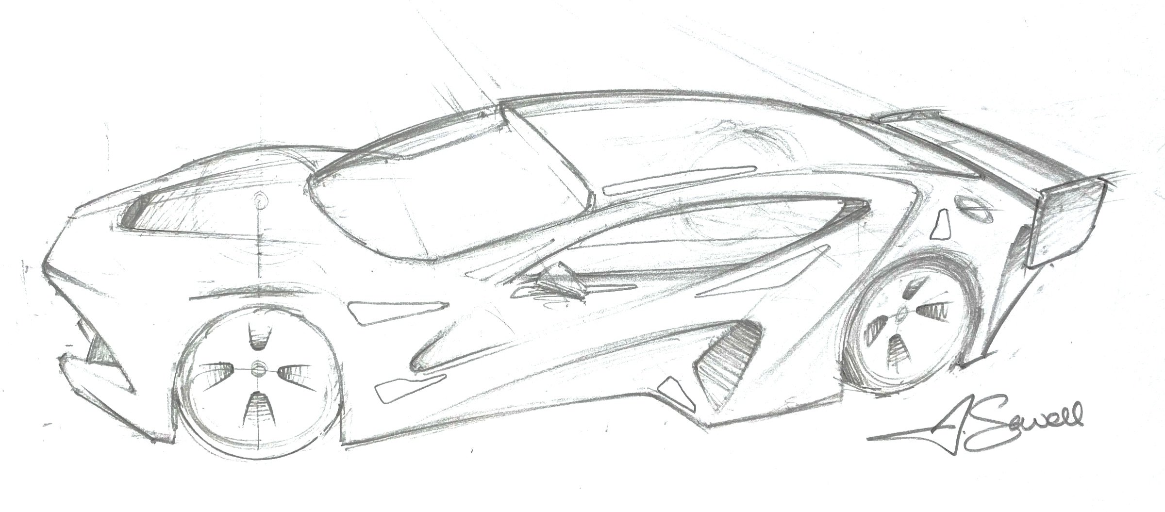 Sketch of a futuristic sports car with sleek aerodynamic design, large wheels, and a rear wing, signed by the artist.