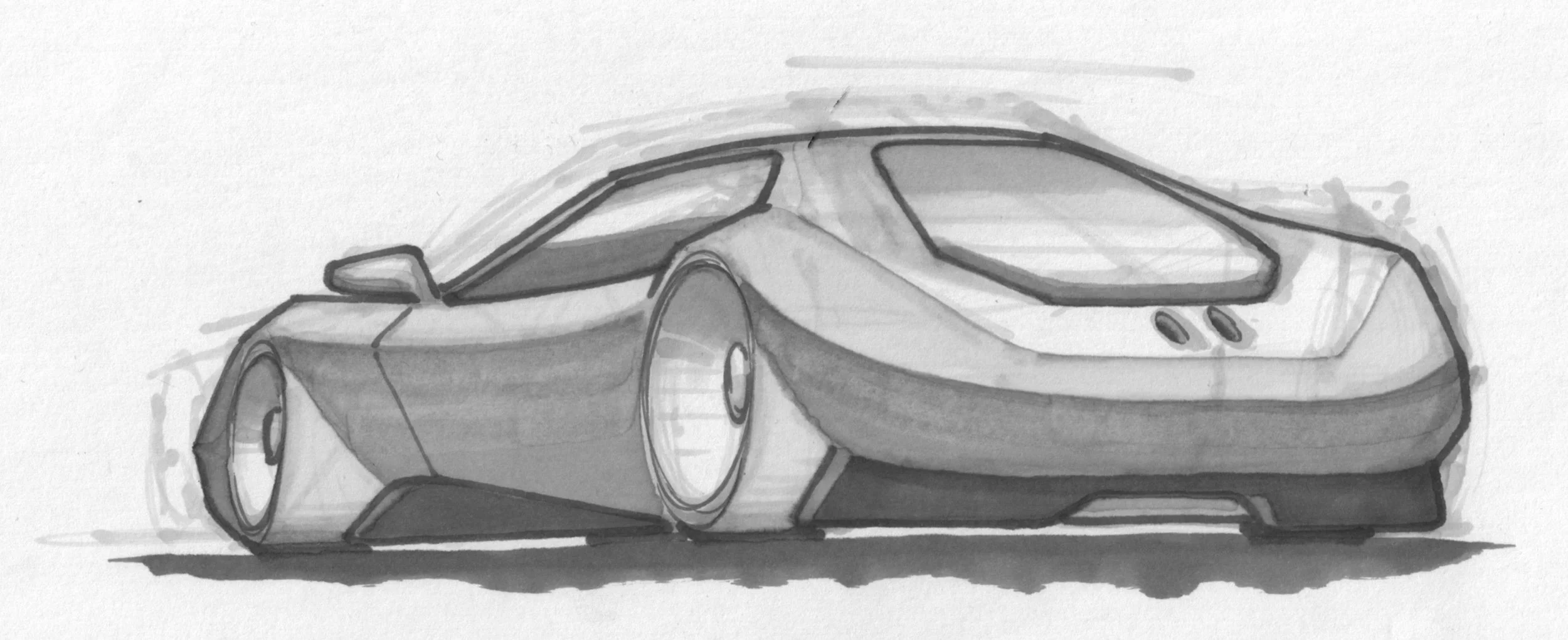 A sketch of a futuristic sports car with sleek, aerodynamic design, large wheels, and a low profile.
