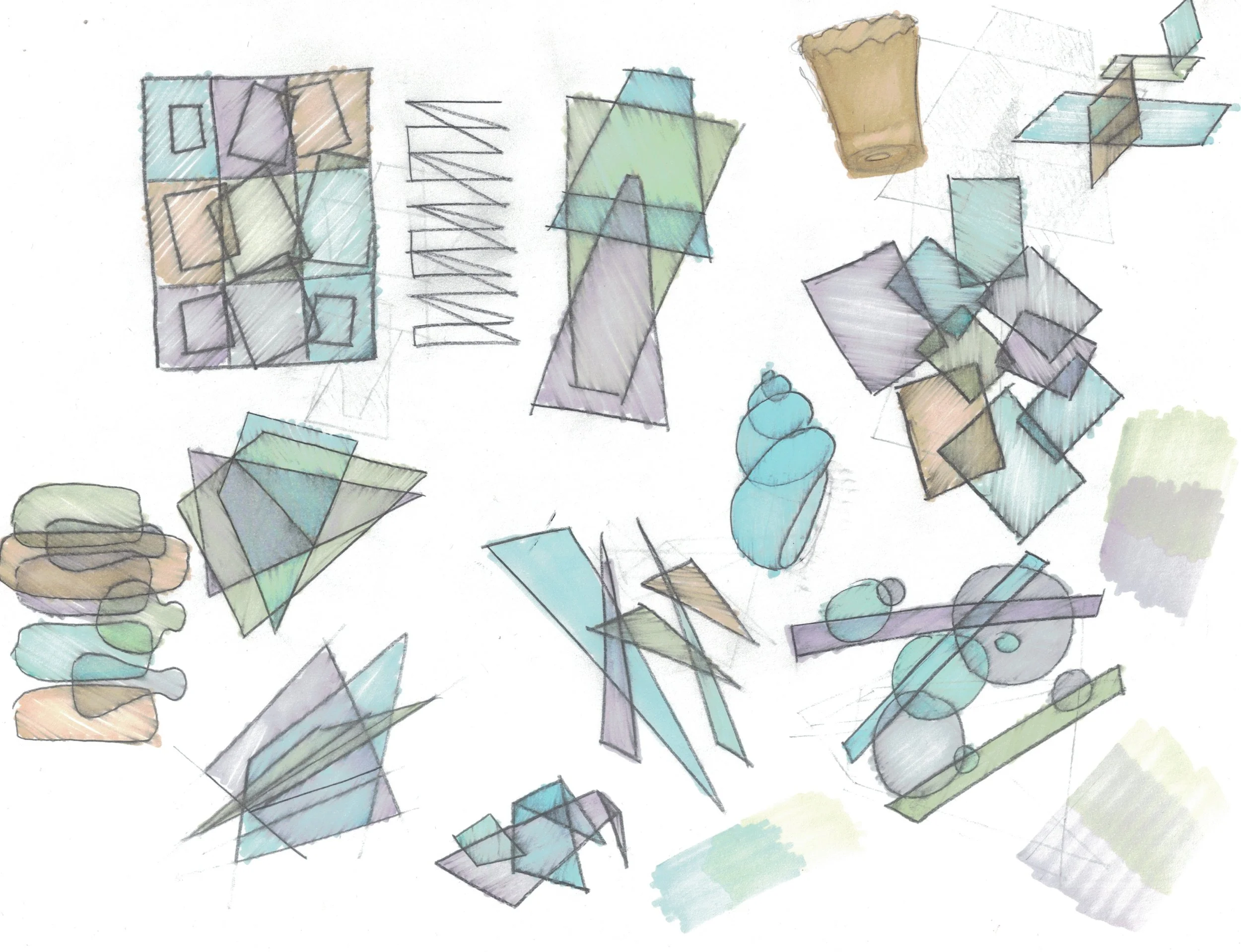 A collection of abstract geometric sketches with overlapping squares, triangles, circles, and lines in pastel shades of blue, purple, green, and beige on a white background.