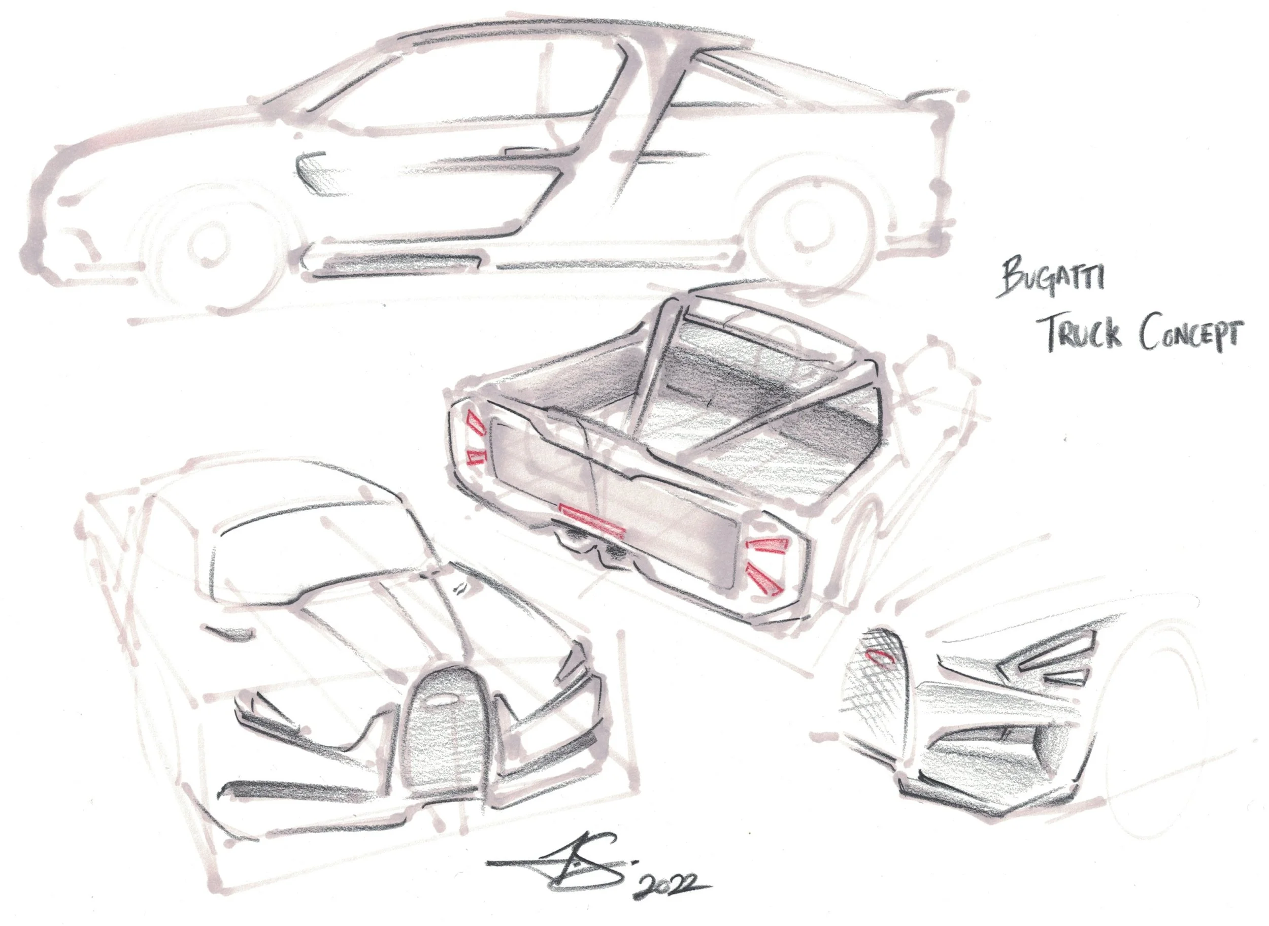Sketches of a Bugatti truck concept, showing different views including side, front, and rear angles, with the label 'Bugatti Truck Concept' and a signature at the bottom.