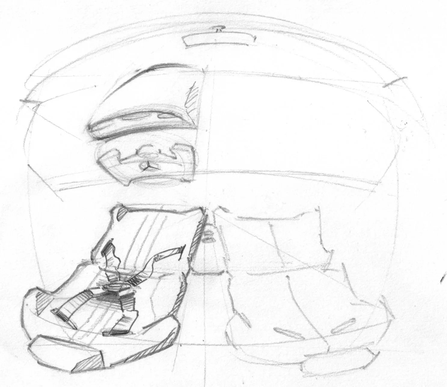 Sketch of a cockpit interior with a pilot's seat, steering controls, and a large window or canopy, drawn in pencil.