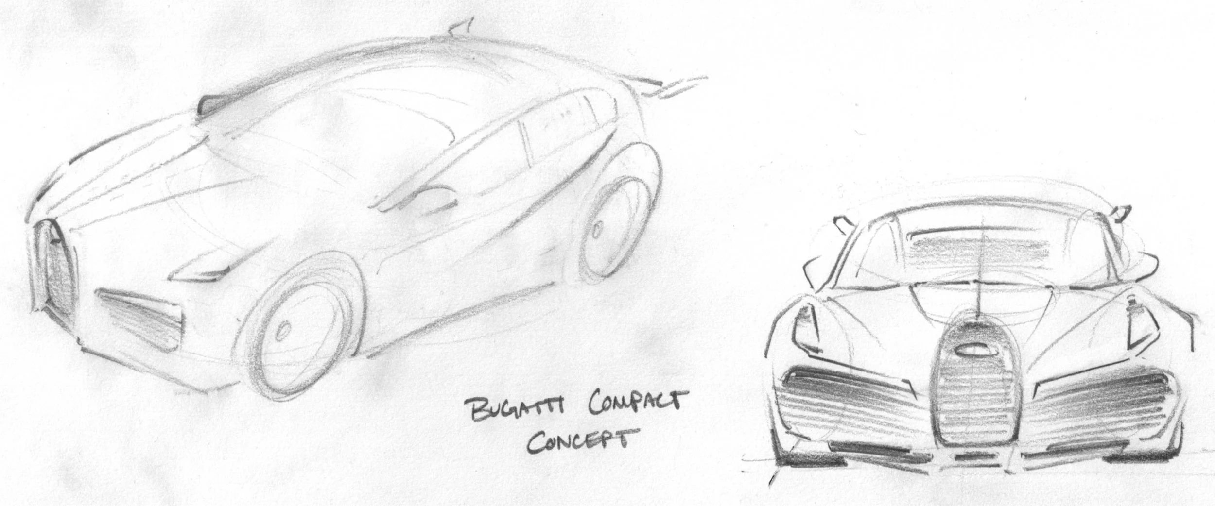 Sketch of a black sports car, labeled 'Bugatti Compact Concept,' showing side and front views.