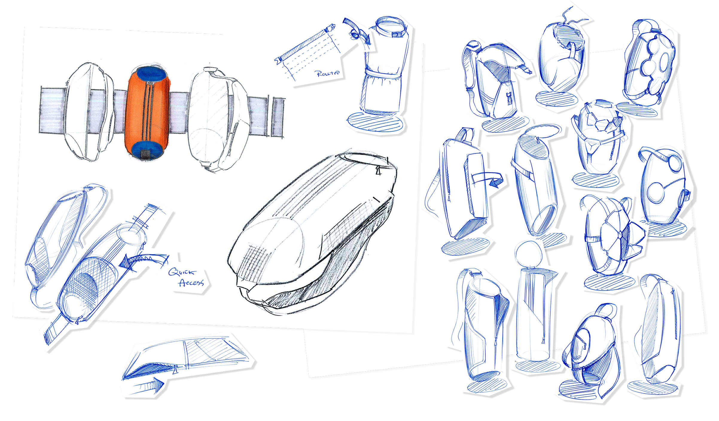 Sketches of various portable electronic devices including chargers, power banks, and adaptors on paper, with one colored in orange and blue.