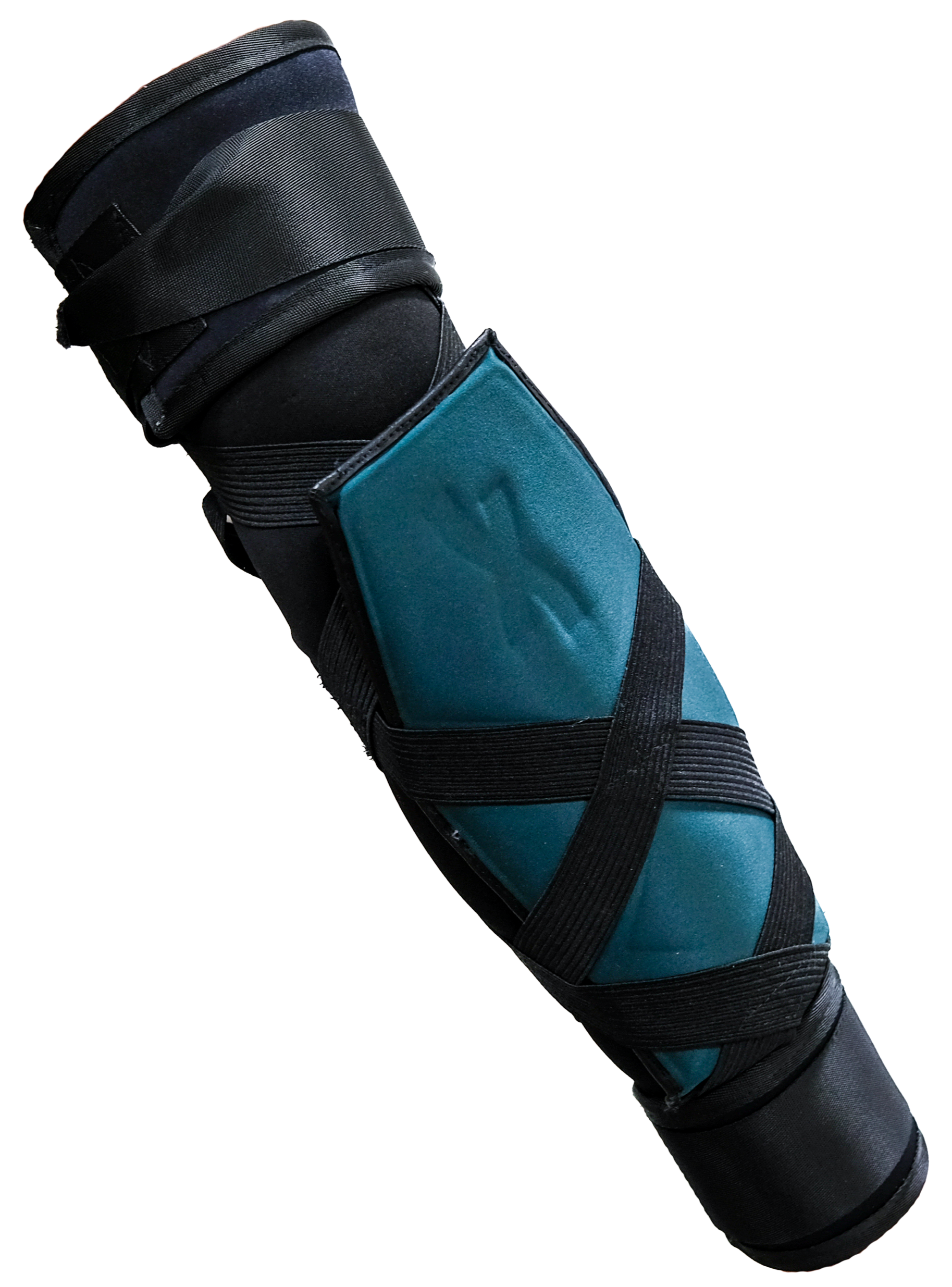 Athletic knee brace with black straps and teal padding.