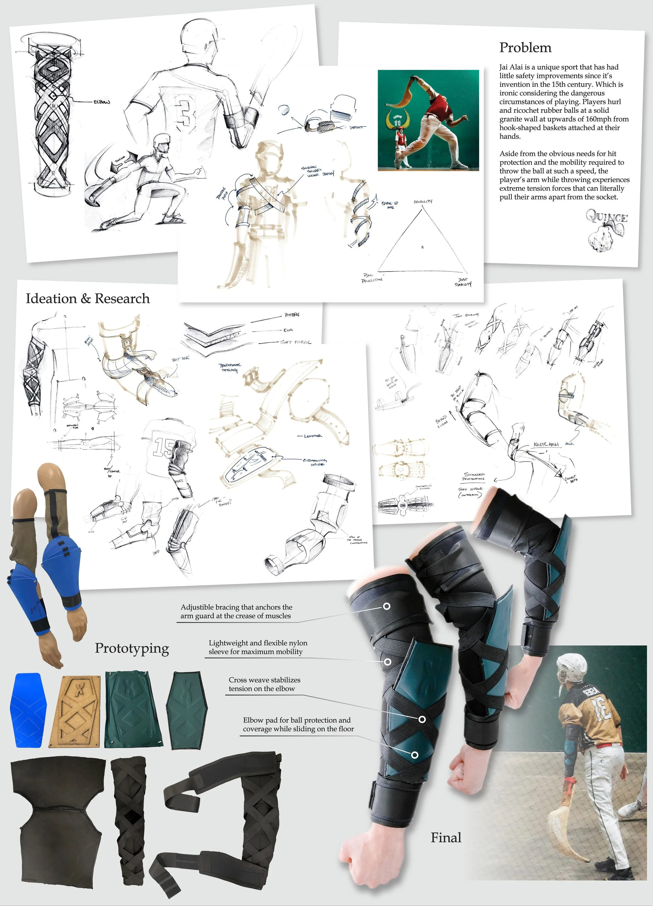 Design sketches and prototypes of sports protection equipment, including elbow pads and braces for a sport called Jai Alai, with illustrations of the game and research notes.