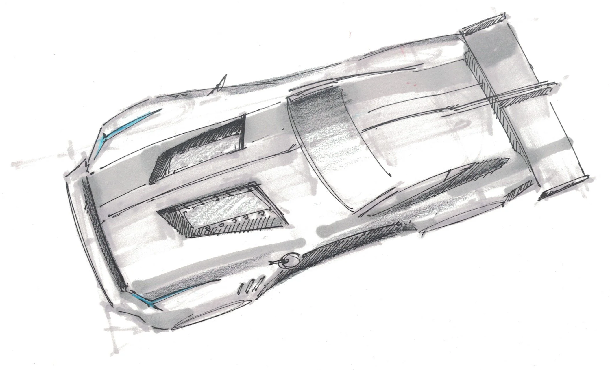 Sketch of a sleek, modern sports car with a low profile, angular design, and prominent rear spoiler.