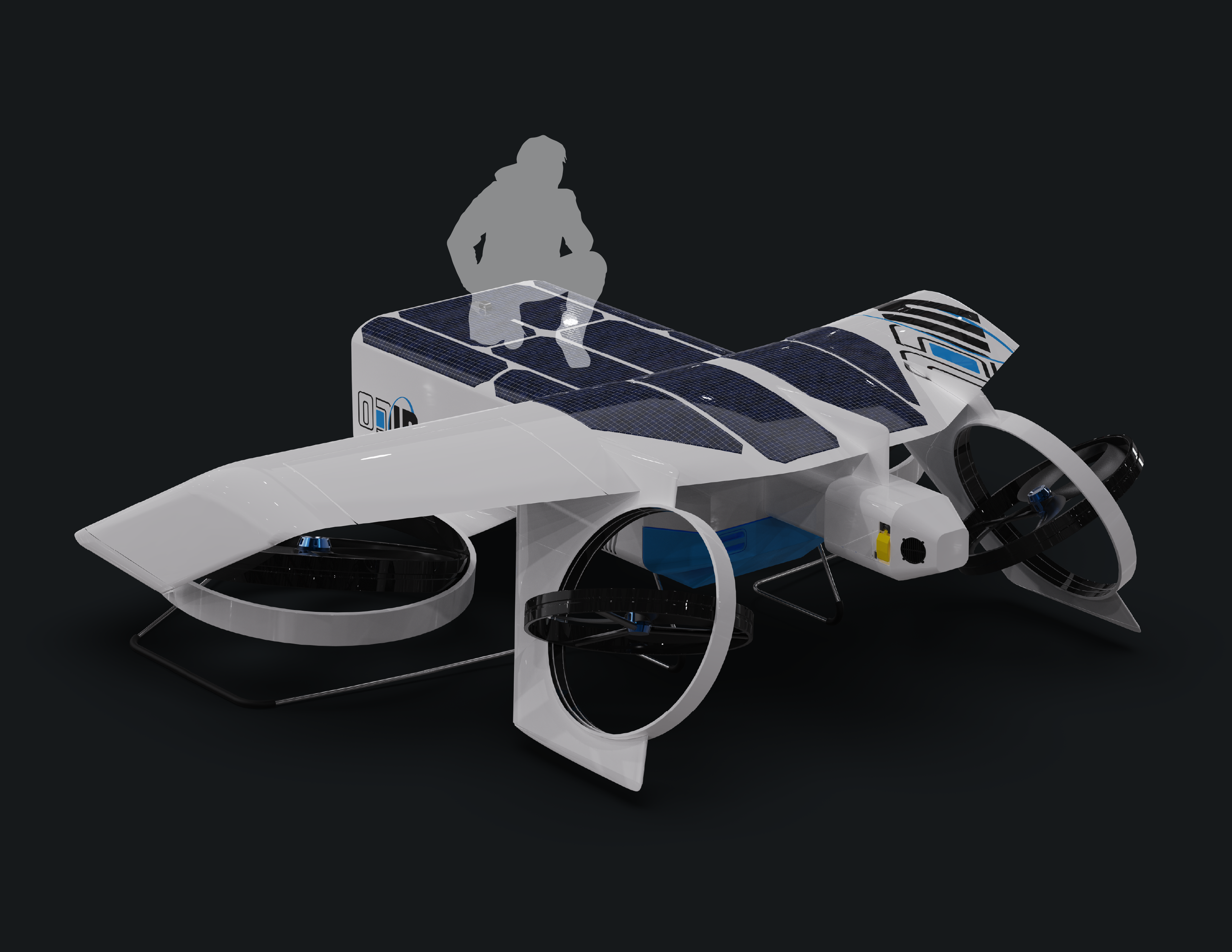 A sleek, futuristic solar-powered hovercraft with large circular air propellers and solar panels on its surface, designed for human exploration or transport.