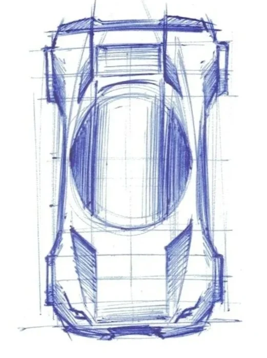 Design sketch of a sports car viewed from the front, in blue ink.