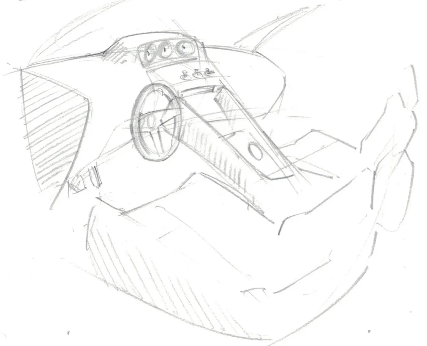 Sketch of a car interior showing the dashboard, steering wheel, and center console.