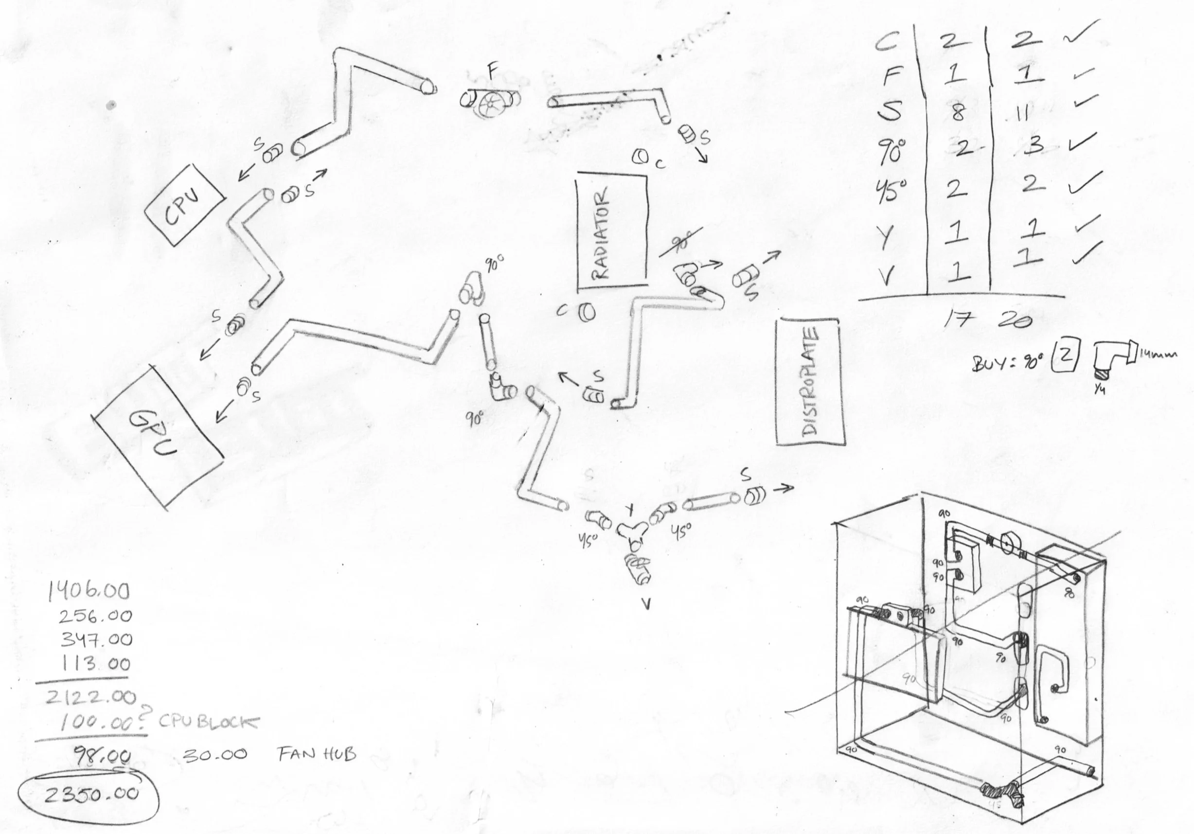 Hand-drawn diagram of a computer cooling system with pipes, fans, and components, including CPU and radiator, with labels, measurements, and calculations.