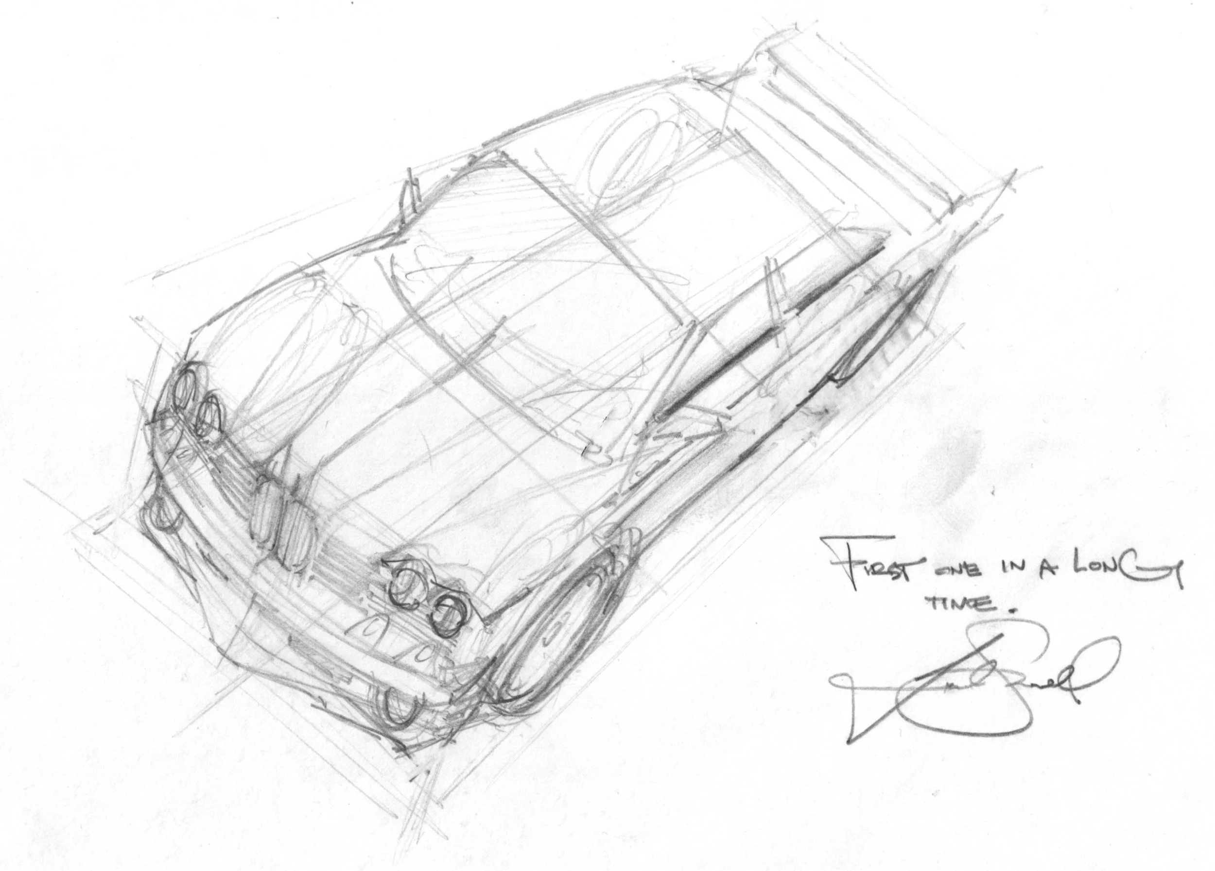 A detailed pencil sketch of a vintage long luxury car, viewed from an aerial angle, with handwritten notes and a signature on the side.