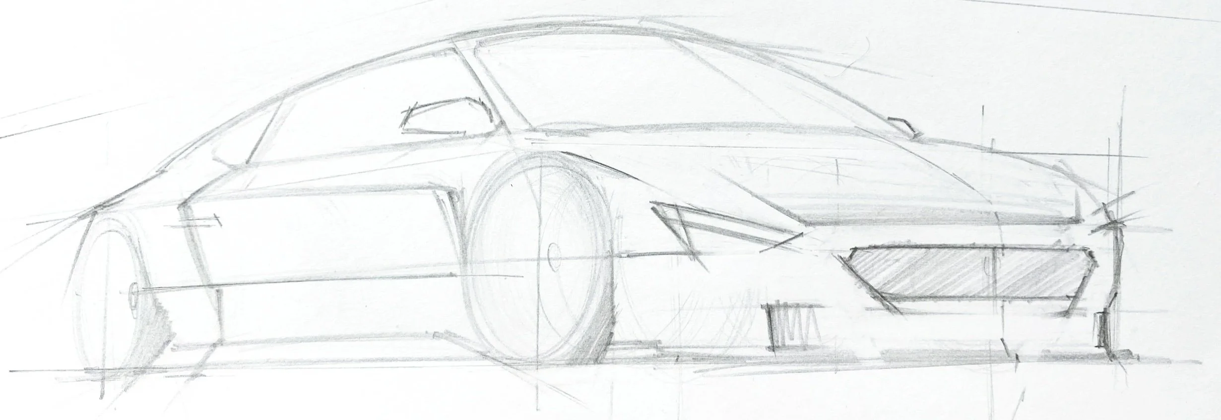 A preliminary sketch of a sleek sports car with aerodynamic design, angled shape, and detailed front grille, drawn with pencil on paper.