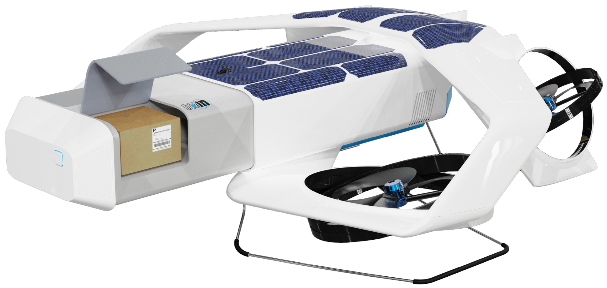A futuristic drone with a white body, black propellers, and multiple solar panels on top, designed to carry packages.