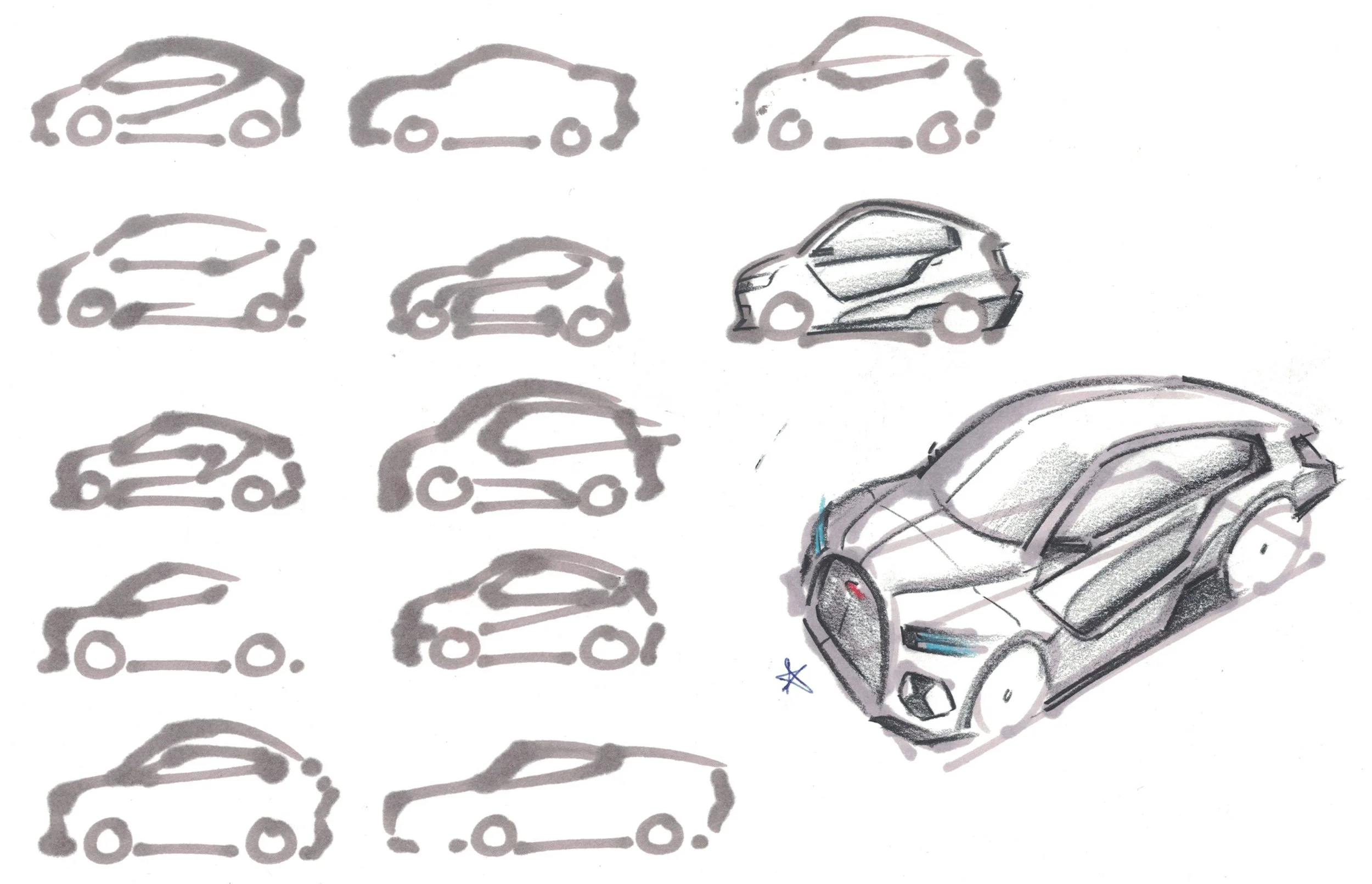 Hand-drawn sketches and a colored rendering of a compact, futuristic car design from various angles showing a sleek, aerodynamic shape, sharp lines, and innovative features.