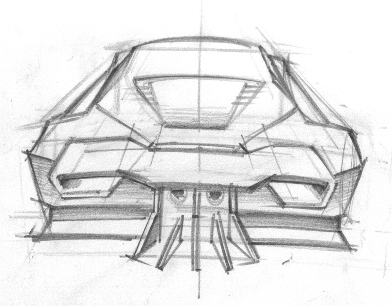 Sketch of a futuristic, symmetrical building structure viewed from the front, with geometric shapes and layered design.