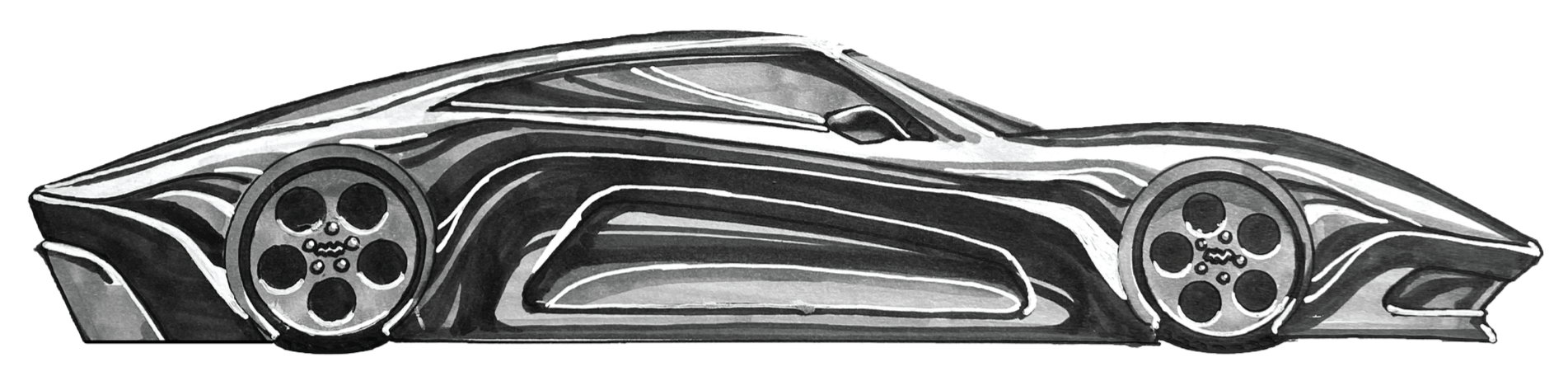Black and white illustration of a sports car with a futuristic design, sleek lines, and prominent wheel arches