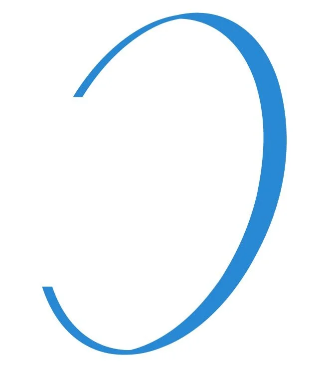 A large, blue, curved line on a white background, forming an abstract shape.