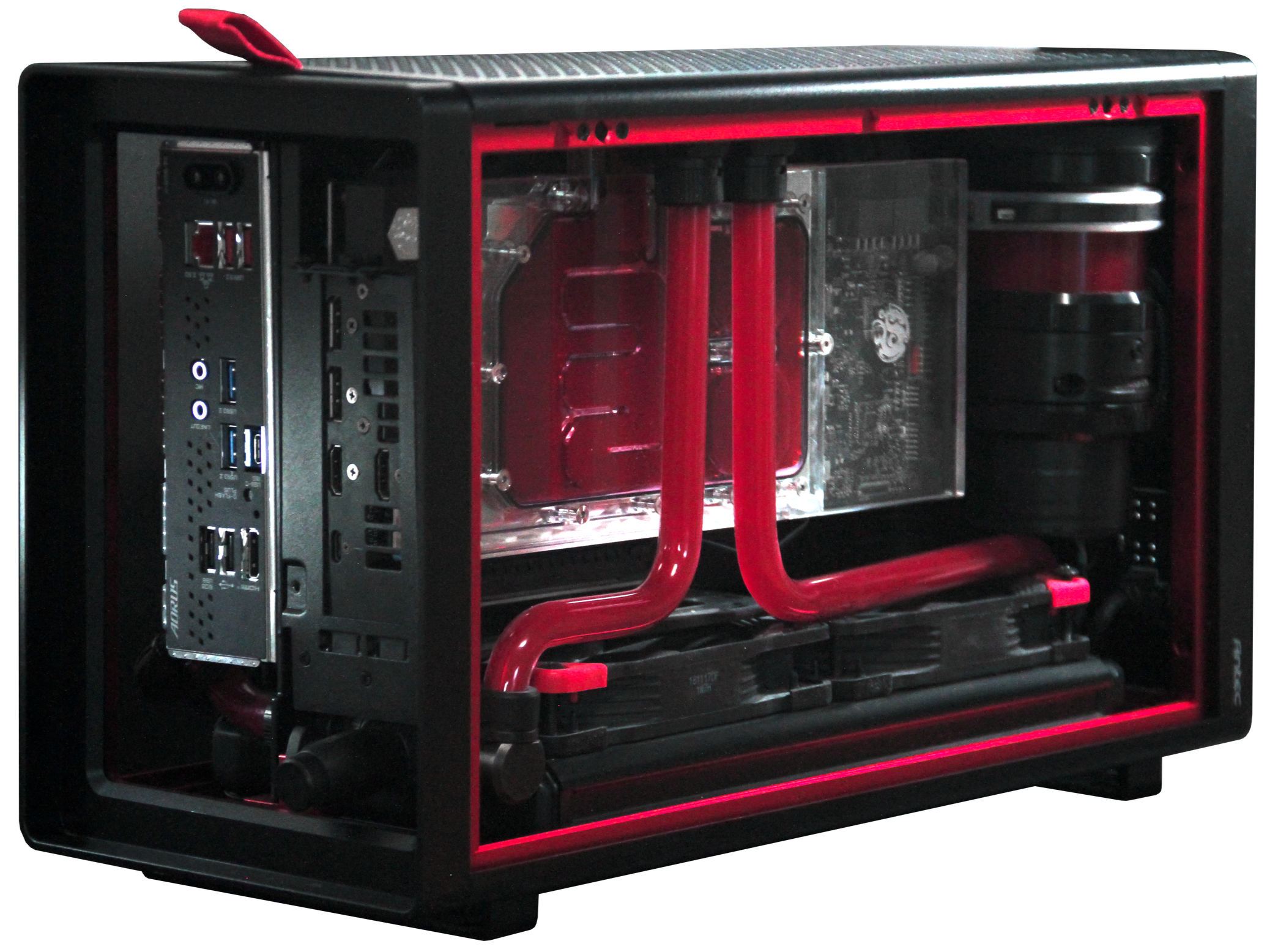 A custom-built computer with a transparent side panel showing water cooling tubes and internal components.