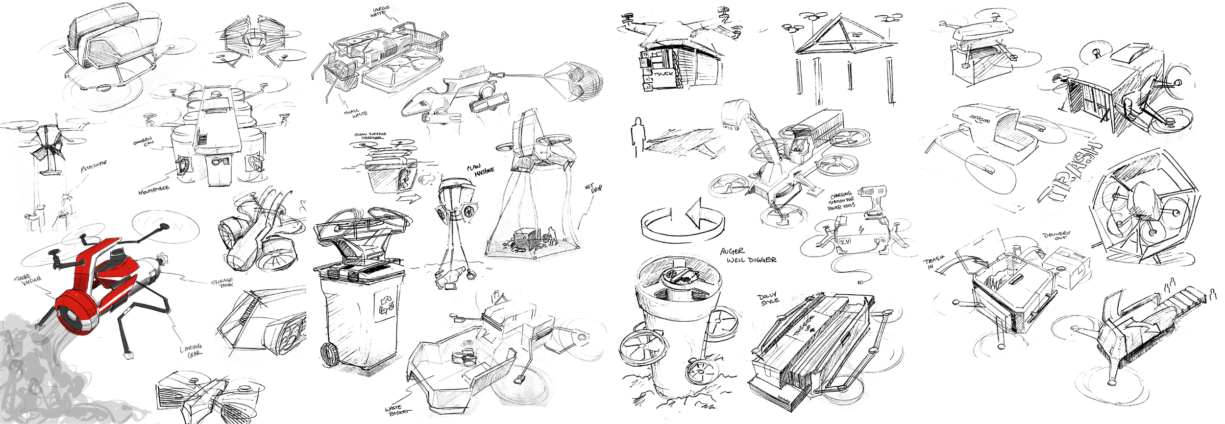 A collection of drone sketches, including various designs, components, and labeled features, with one colored red drone among black and white sketches.