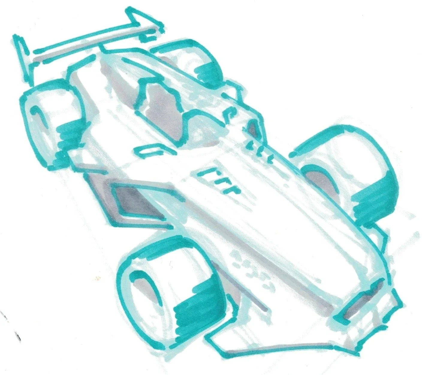 A sketch of a race car, viewed from above and to the side, with large tires and aerodynamic design.