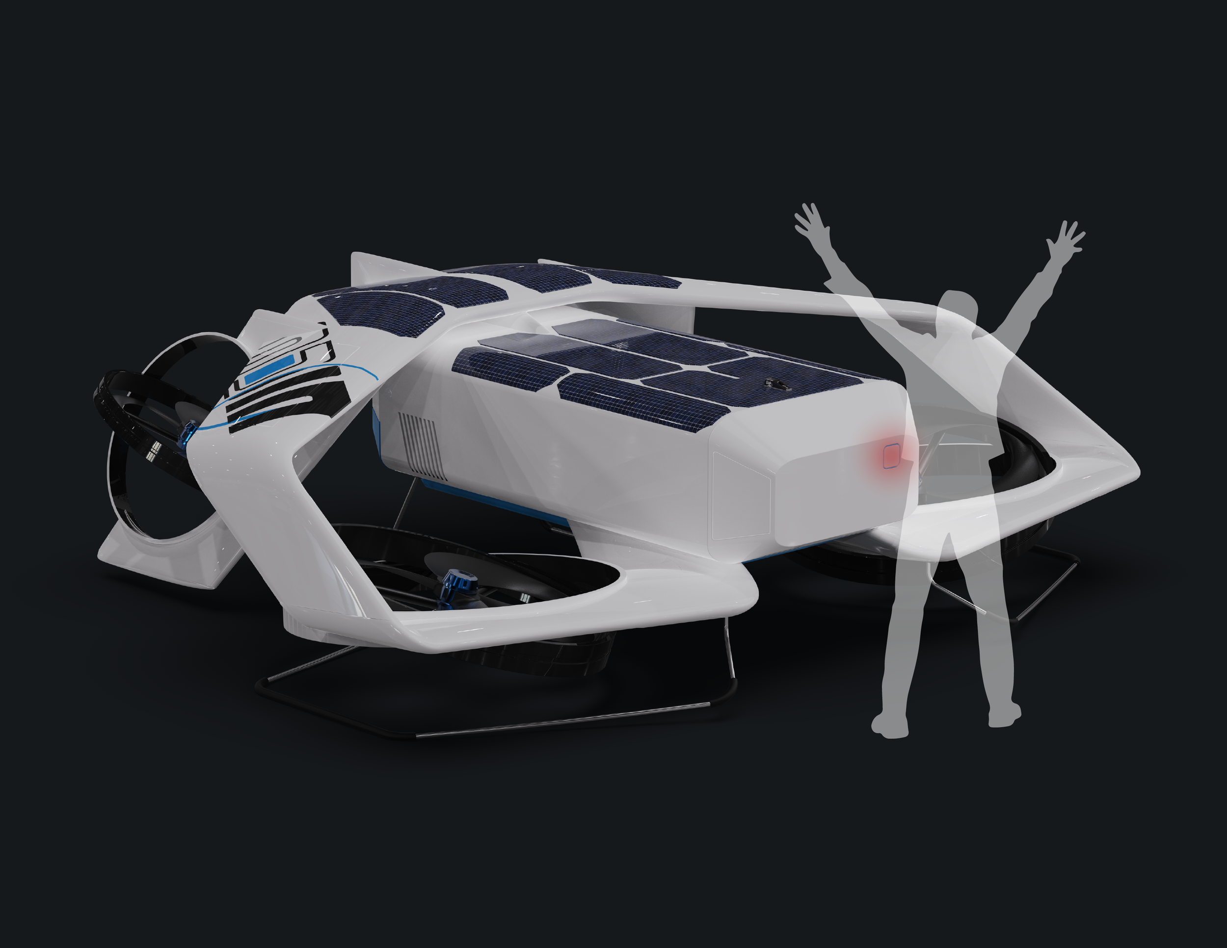 A futuristic solar-powered hovercraft with solar panels on its body, and a transparent overlay of a person celebrating with arms raised.