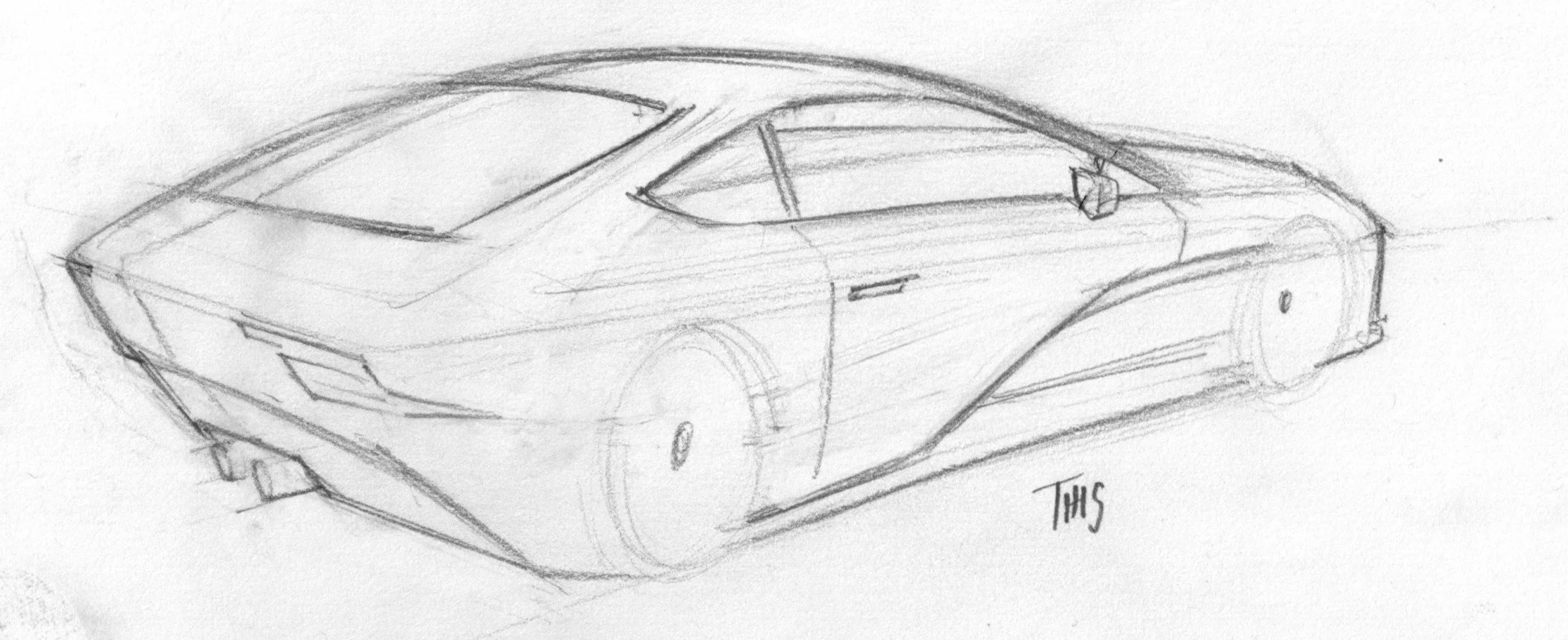 A pencil sketch of a modern sports car with sleek lines, a low profile, and detailed front and side views.