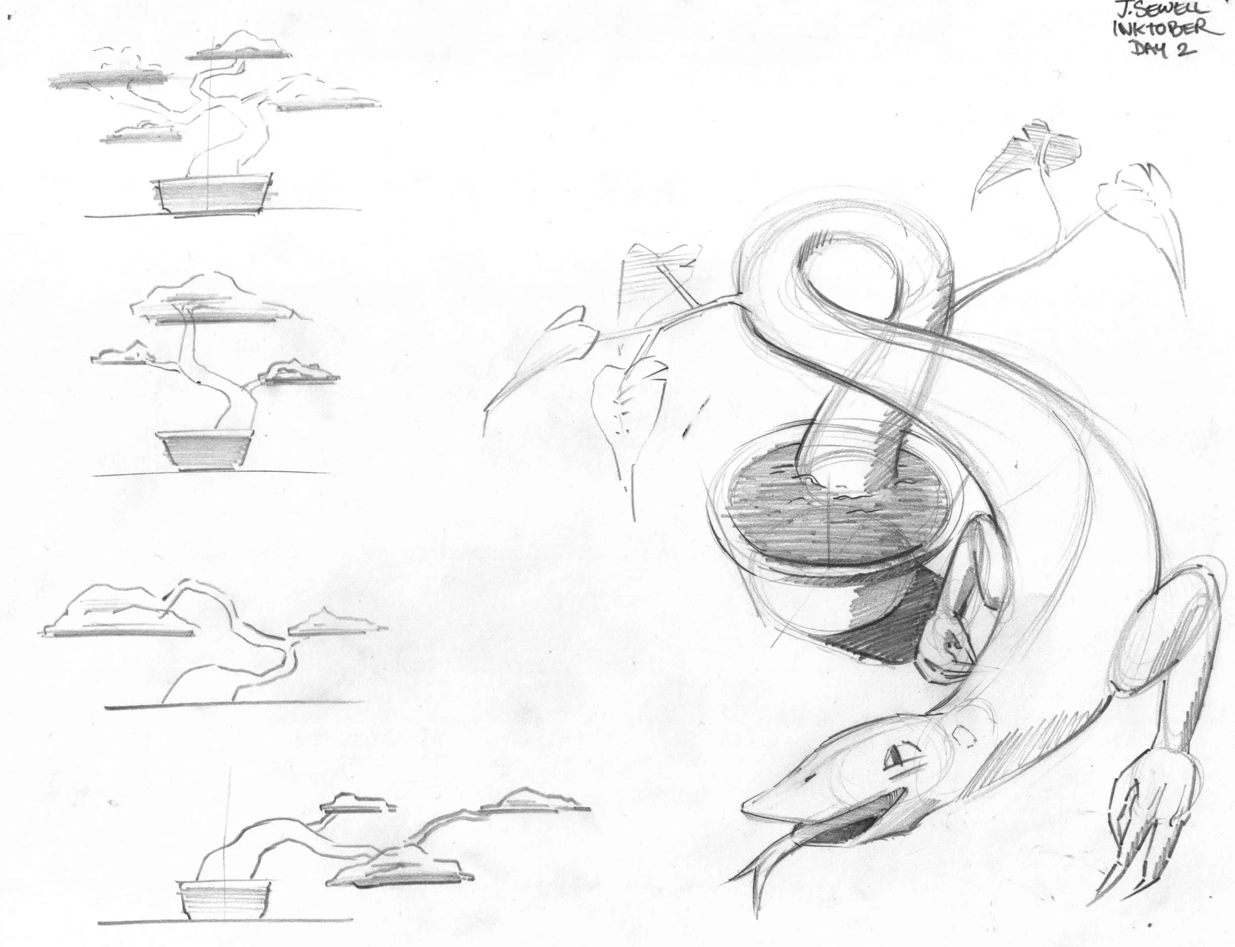 Sketch of a seahorse in a bowl with leaves around it on the right and multiple smaller sketches of potted bonsai trees on the left.