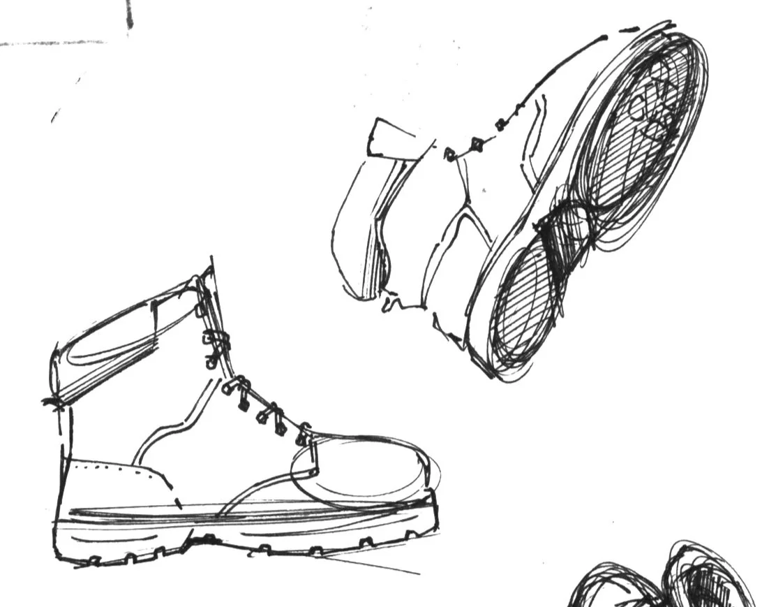 Sketch of a hiking boot and a pair of sneakers.