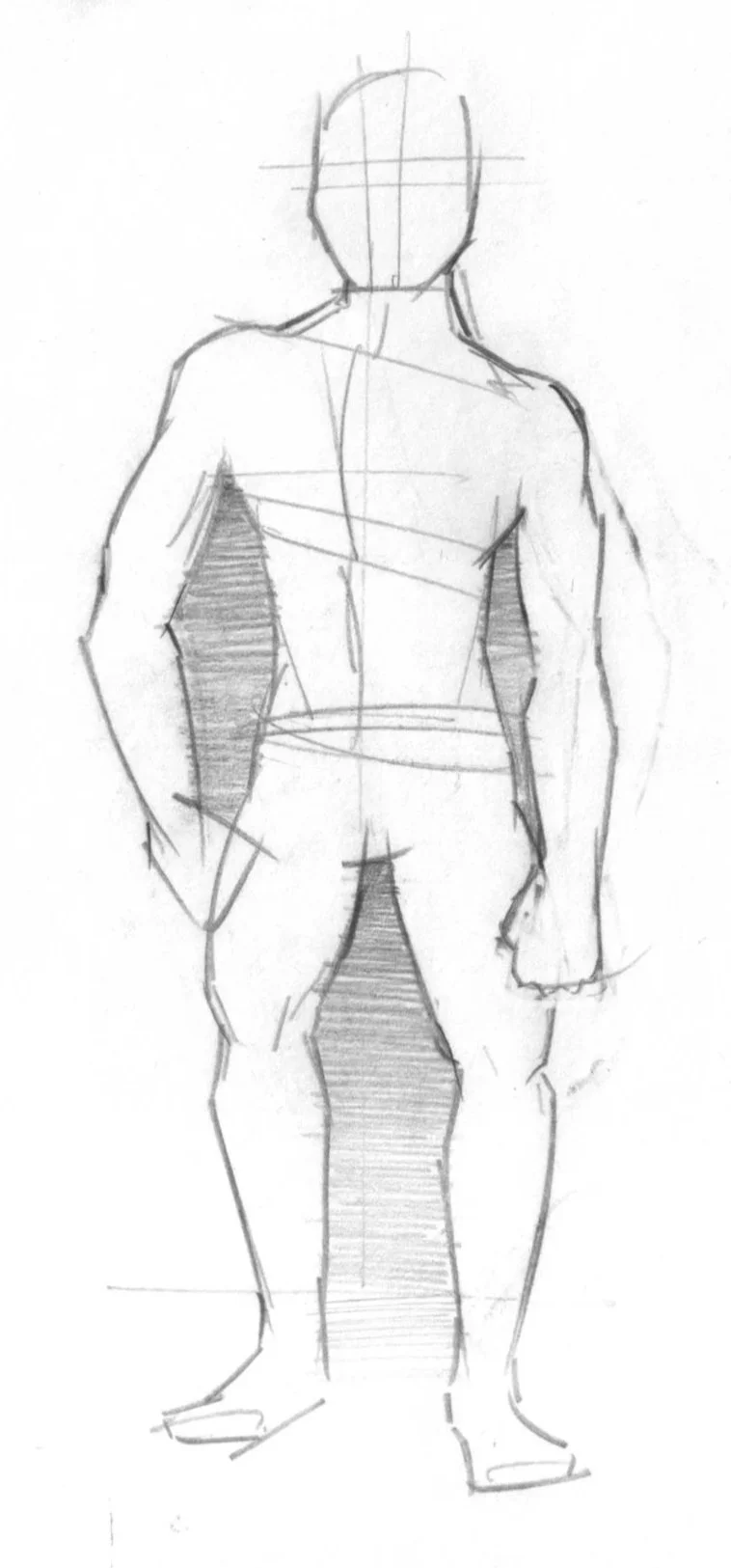 Sketch of a human figure in an upright stance with construction lines indicating proportions and body structure.