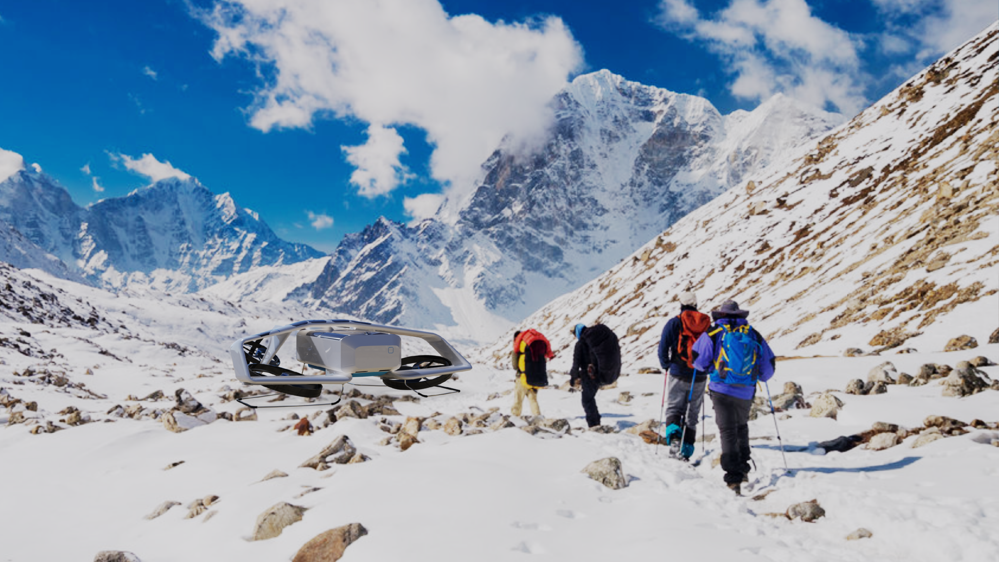 Four hikers trekking through a snowy mountain landscape with majestic snow-covered peaks under a blue sky and clouds. A drone is flying in the foreground.