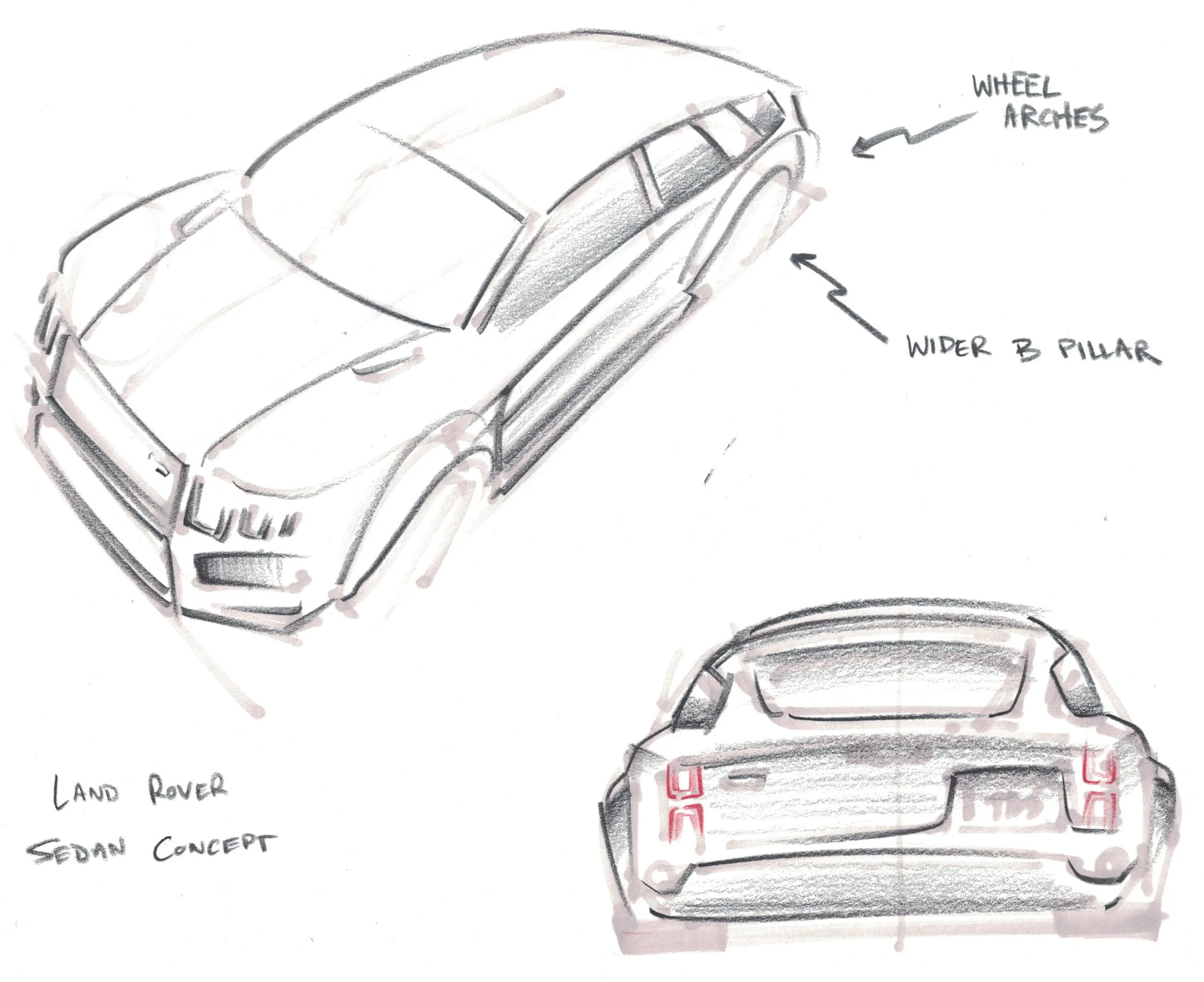 Sketch of a Land Rover sedan concept car showing a top and rear view. Features include wheel arches, a wider B pillar, and a sleek, modern design.