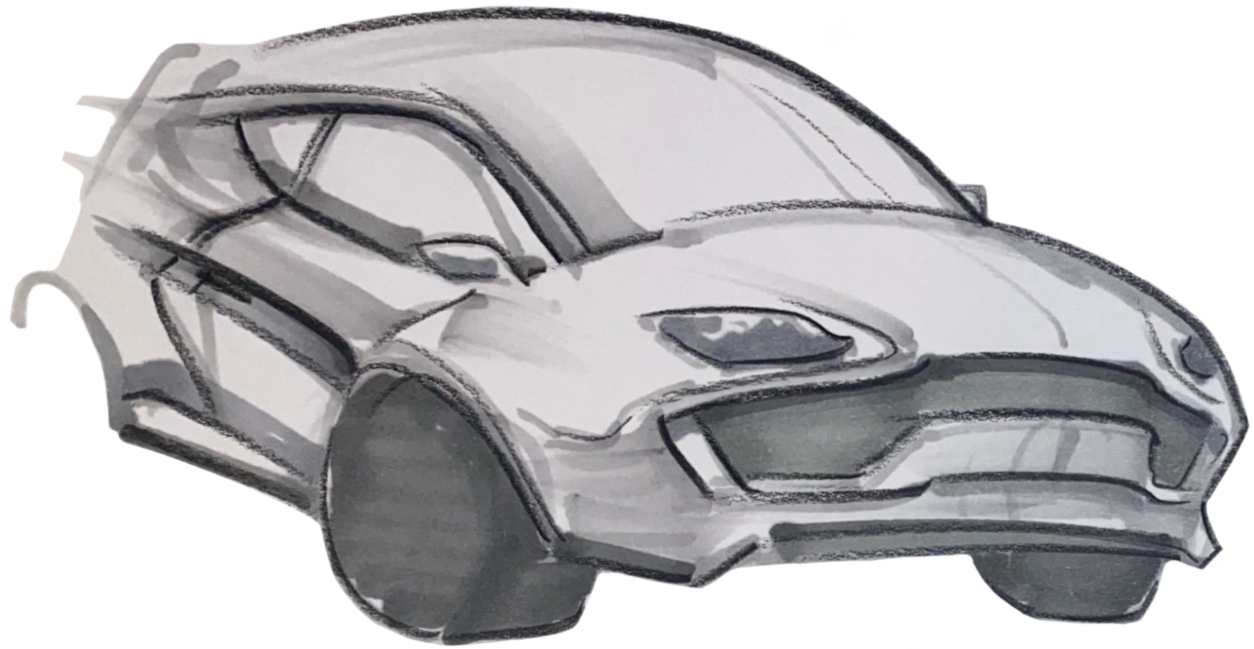 A grayscale sketch of a sports car with a sleek design, prominent front grille, and sharp headlights.