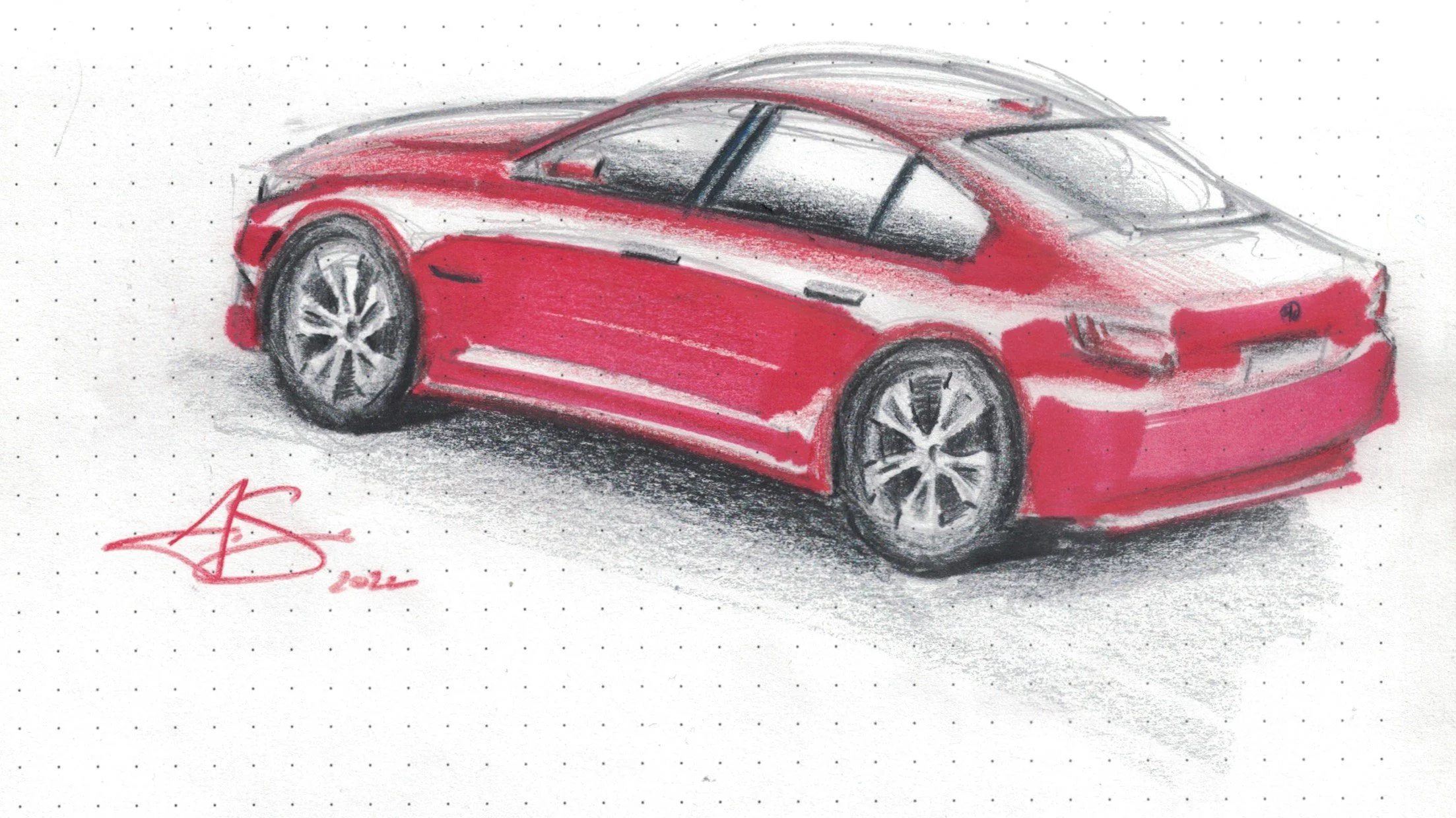 Sketch of a red sports car viewed from the side, with black and white details, signature, and date at the bottom left.