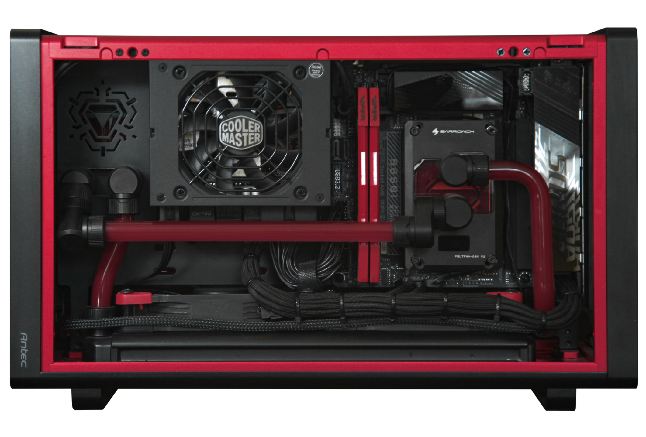 Modern custom-built gaming or high-performance PC with water cooling, red and black color theme, and transparent side panel