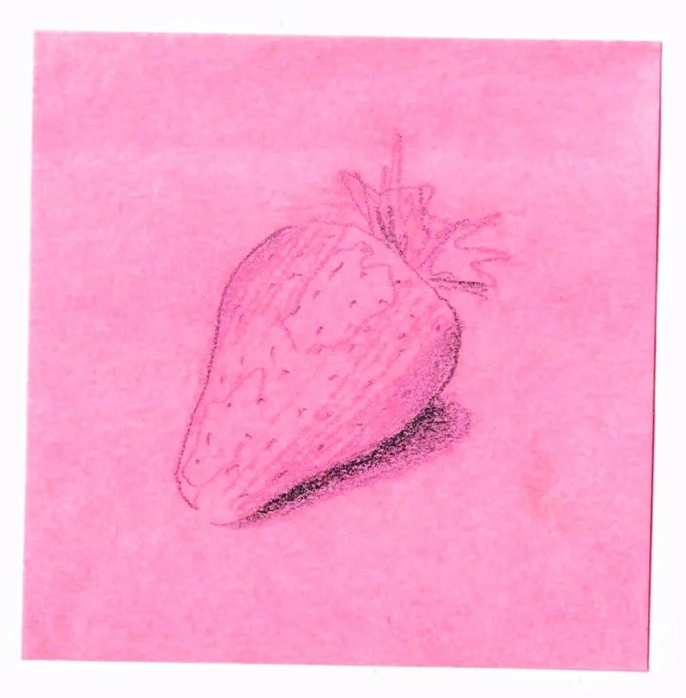 A sketch of a strawberry with leaves on pink paper.
