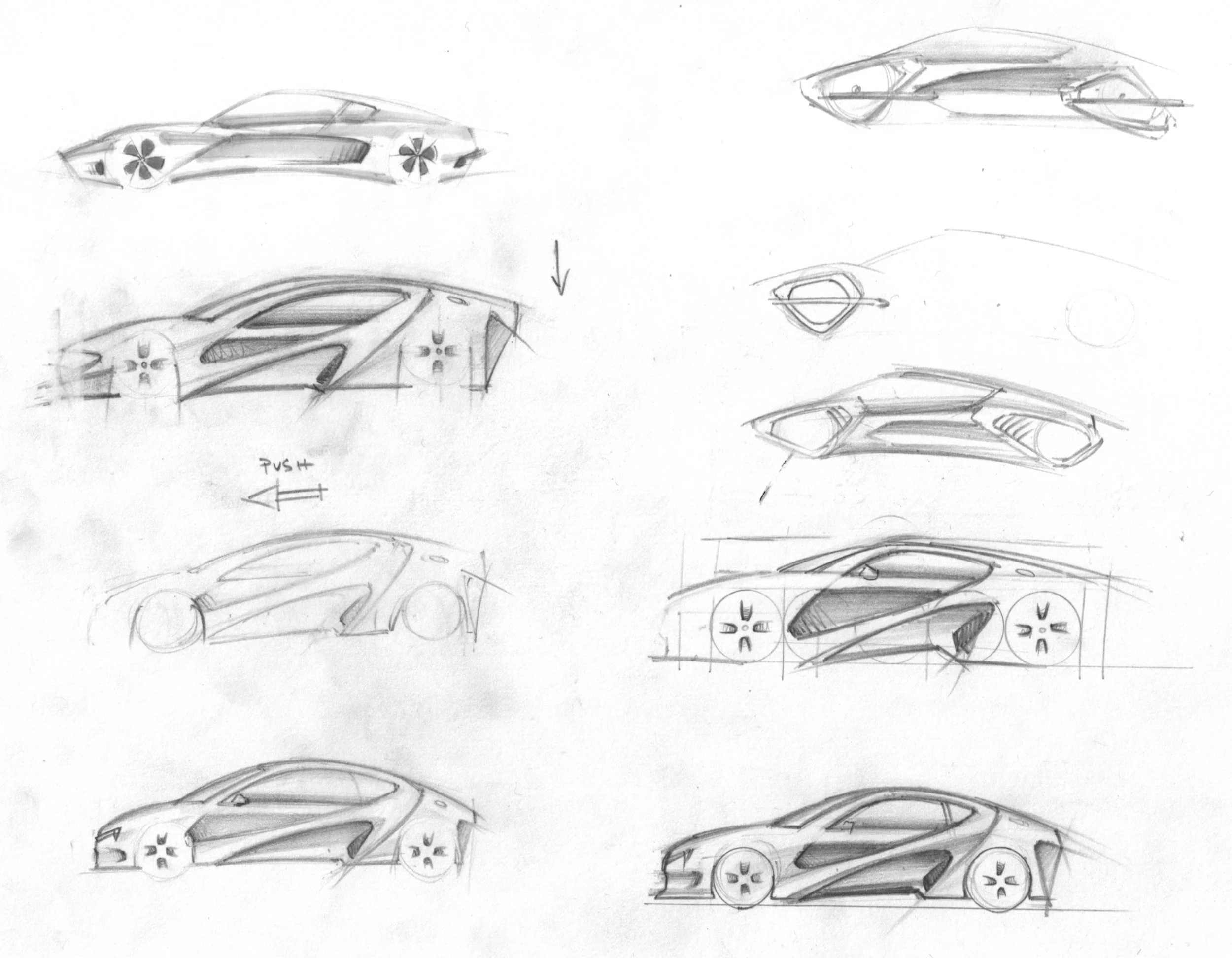 Sketches of a sports car design from various angles, showing front, side, and top views with detailed detailing and annotations.