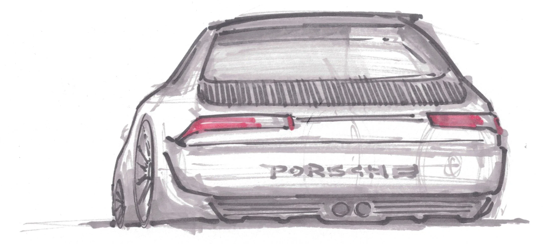 Watercolor sketch of a rear view of a Porsche car with taillights and exhaust pipes